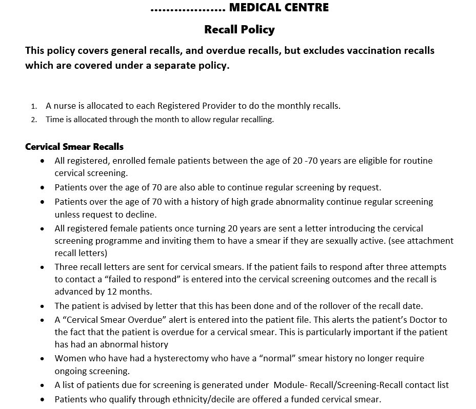 Recalls Policy Health Care Home